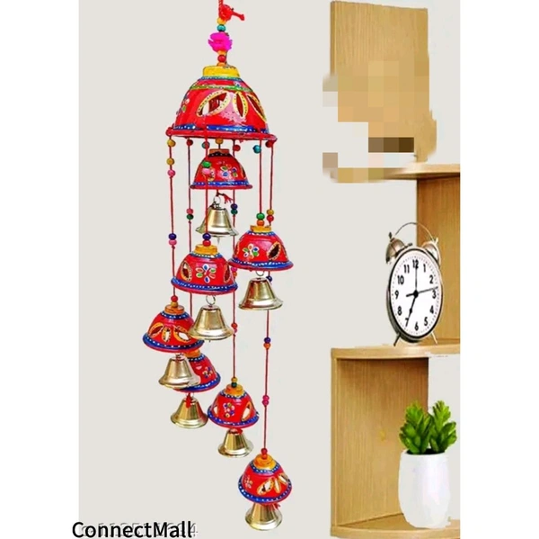 Handcrafted Rajasthani Wooden Wind Chimes With 7 Bells For Hanging Indoor and Outdoor Home Decor  - Red, Round