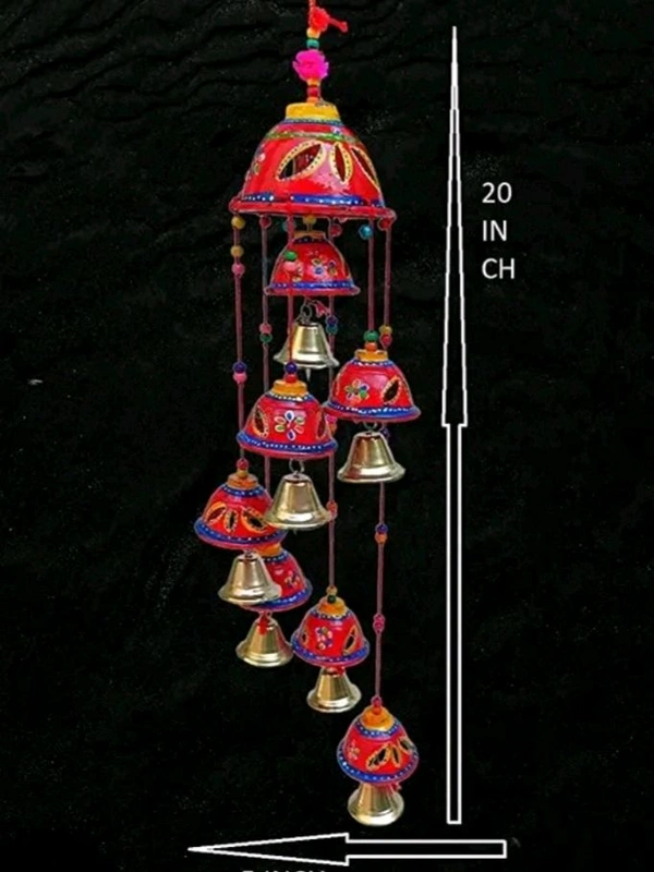 Handcrafted Rajasthani Wooden Wind Chimes With 7 Bells For Hanging Indoor and Outdoor Home Decor  - Red, Round