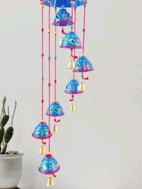 Handcrafted Rajasthani Wooden Wind Chimes With 7 Bells For Hanging Indoor and Outdoor Home Decor  - Red, Round