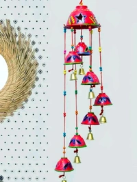 Handcrafted Rajasthani Wooden Wind Chimes With 7 Bells For Hanging Indoor and Outdoor Home Decor  - Red, Round