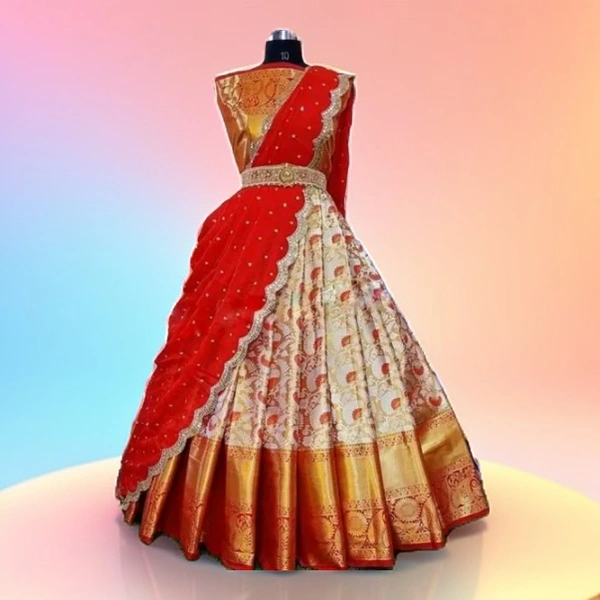 Kanjivaram Silk  Zari Weaving Unstitched women's  Lahenga  Choli Dupatta  3 Pieces Sets For Set For Wedding  - Red, Unstiched, Kanjivaram  Silk