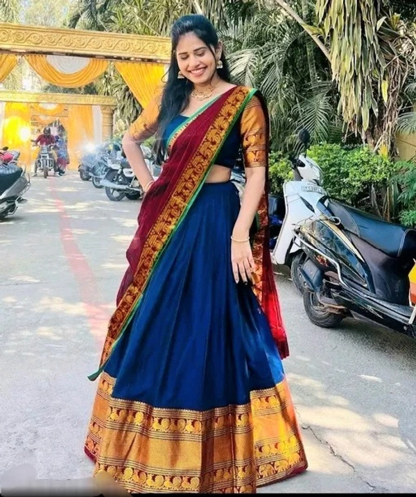 Kanjivaram  Pure Silk Zari Weaving  Lahenga  With Blouse &Dupatta Festival  Fashion  - Dark Blue