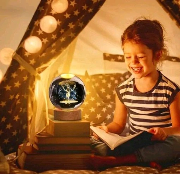 3D Crystal Ball Lamp Light  with Wooden Base Perfect For  Home Decor  Kid's Gift (Galaxy Light) - Deer