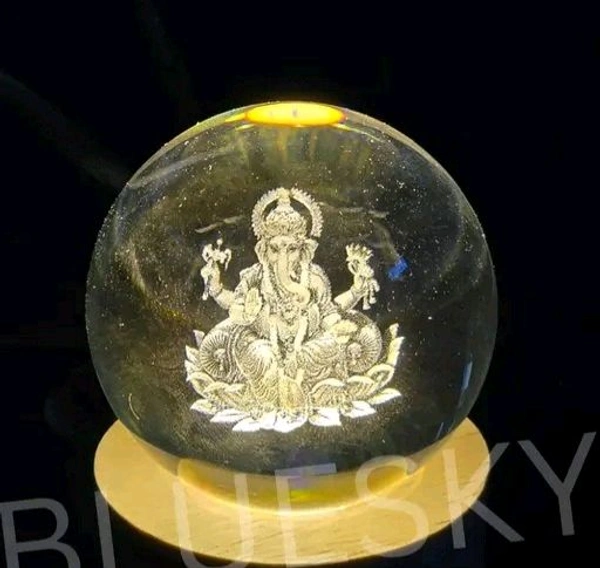 3D Crystal Ball Lamp Light  with Wooden Base Perfect For  Home Decor  Kid's Gift (Galaxy Light) - Lord Ganesh