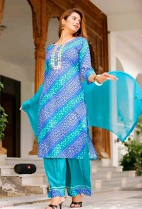 Women Lehriya Print Straight Kurta Palazzo With Dupatta  - M, Turquoise