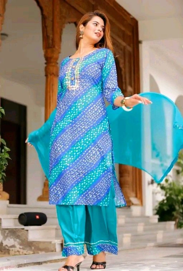 Women Lehriya Print Straight Kurta Palazzo With Dupatta  - M, Turquoise