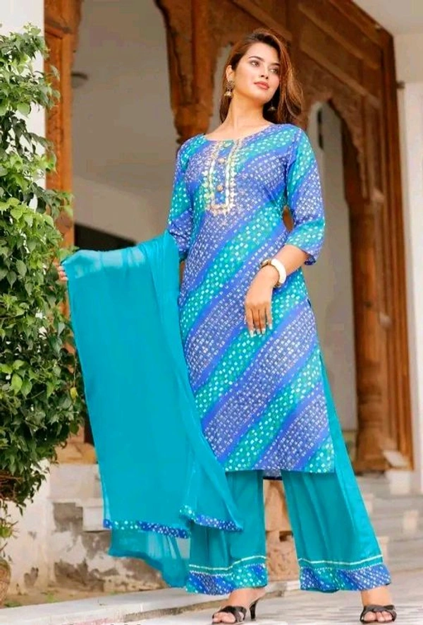 Women Lehriya Print Straight Kurta Palazzo With Dupatta  - L, Turquoise