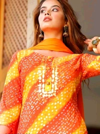 Women Lehriya Print Straight Kurta Palazzo With Dupatta  - XL, Web Orange