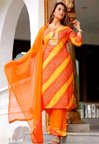 Women Lehriya Print Straight Kurta Palazzo With Dupatta  - XL, Web Orange
