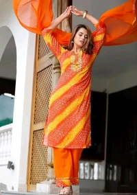 Women Lehriya Print Straight Kurta Palazzo With Dupatta  - XL, Web Orange