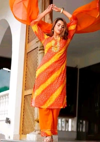 Women Lehriya Print Straight Kurta Palazzo With Dupatta  - L, Web Orange