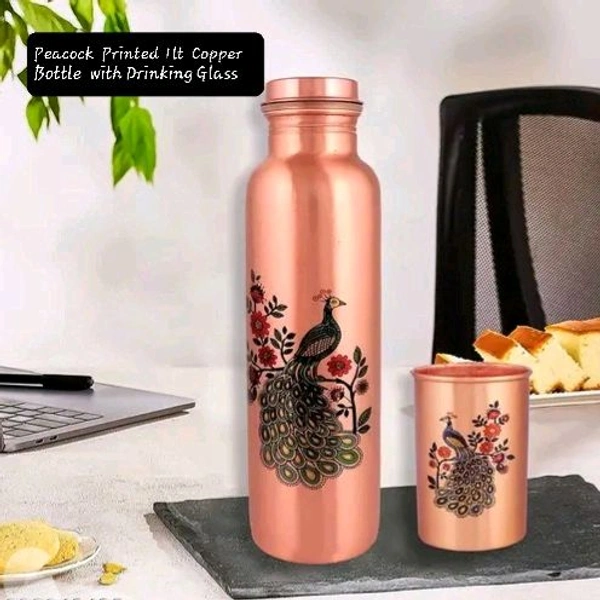 Seamless Peacock Printed 1lt Copper Water Bottle With Glass- Ayurvedic 100 % Pure Koper Water Storage. - 1 Glass WITH OUT BOX