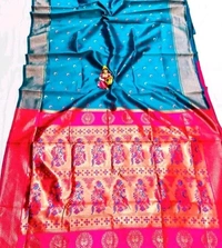 Maharatzstra Tradational Paithani Cotton Saree  With Blouse Piece For Wedding  & Special Occassion  - Dodger Blue