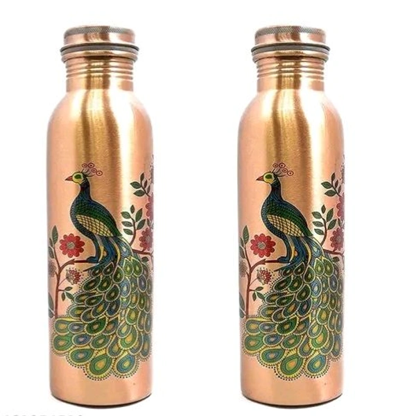 Seamless Peacock Printed 1lt Copper Water Bottle With Glass- Ayurvedic 100 % Pure Koper Water Storage. - 2 COPPER  BOTTLE