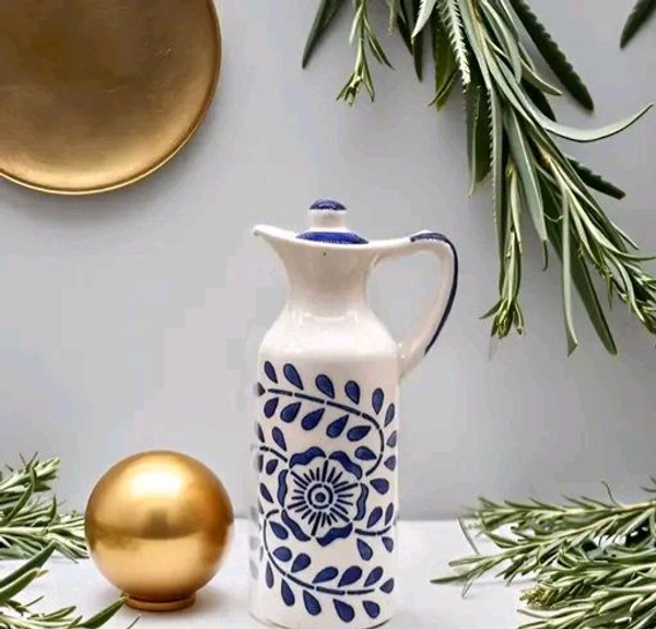 Karftlik Handcrafts White Handmade Ceramic Oil Dispenser White And Blue Colour (Pack Of 1)  Morden Kitchen , Ceramic Mini Oil Dispeser 300ml