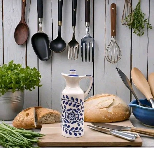 Karftlik Handcrafts White Handmade Ceramic Oil Dispenser White And Blue Colour (Pack Of 1)  Morden Kitchen , Ceramic Mini Oil Dispeser 300ml