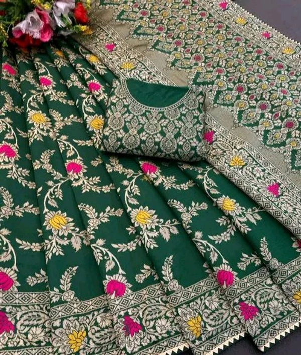 Latest Design Banarsi Silk Saree For Women With Unstiched Blouse - Brown