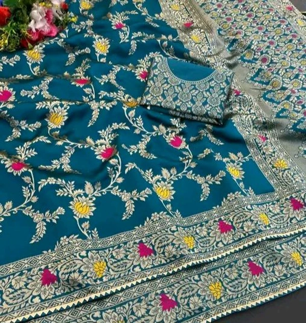 Latest Design Banarsi Silk Saree For Women With Unstiched Blouse - Picton Blue