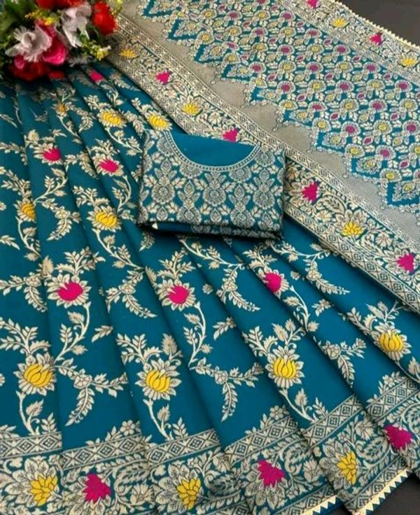 Latest Design Banarsi Silk Saree For Women With Unstiched Blouse - Picton Blue