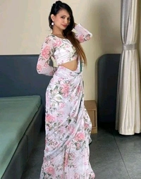 White Printed Trendy Georgette Saree - White, Floral, 5.5 Meter