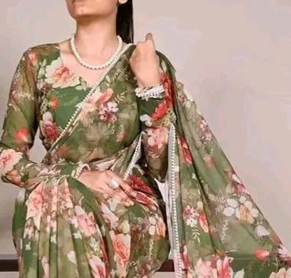 TrendyNew Floral Printed Design Pearl Lace Border Saree /Elegant Look And With Running Blouse - 5.5 Meter, Floral Print And Perl Border, Red