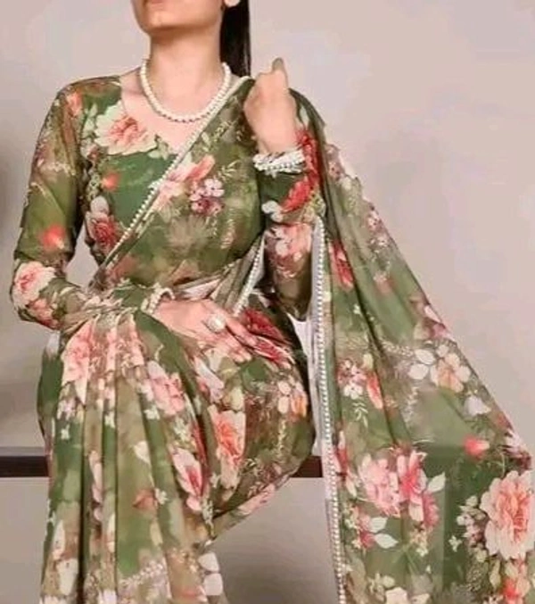 TrendyNew Floral Printed Design Pearl Lace Border Saree /Elegant Look And With Running Blouse - 5.5 Meter, Floral Print And Perl Border, Red