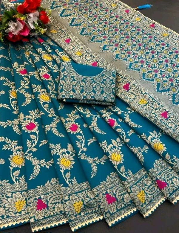 Latest Design Banarsi Silk Saree For Women With Unstiched Blouse - Picton Blue, Botanical pattern Zari Woven