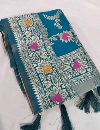 Latest Design Banarsi Silk Saree For Women With Unstiched Blouse - Picton Blue, Botanical pattern Zari Woven