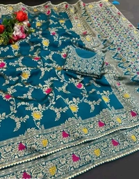 Latest Design Banarsi Silk Saree For Women With Unstiched Blouse - Picton Blue, Botanical pattern Zari Woven