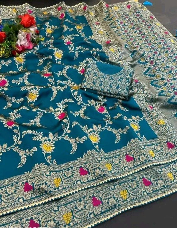 Latest Design Banarsi Silk Saree For Women With Unstiched Blouse - Picton Blue, Botanical pattern Zari Woven