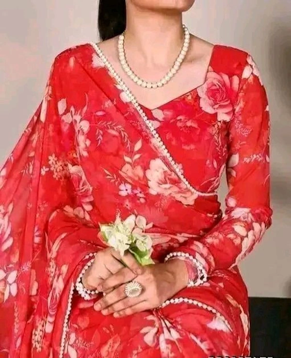 TrendyNew Floral Printed Design Pearl Lace Border Saree /Elegant Look And With Running Blouse - Red, Perl Lace Design, 5.5 Meter