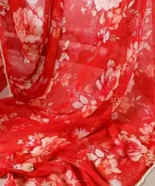 TrendyNew Floral Printed Design Pearl Lace Border Saree /Elegant Look And With Running Blouse - Red, Perl Lace Design, 5.5 Meter