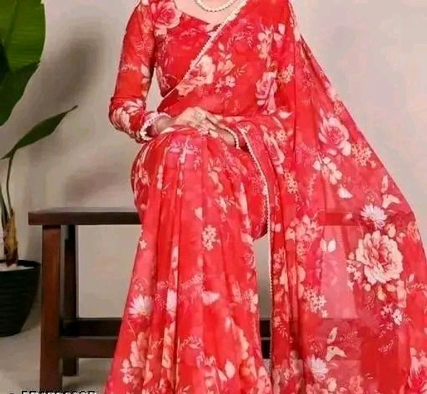 TrendyNew Floral Printed Design Pearl Lace Border Saree /Elegant Look And With Running Blouse - Red, Perl Lace Design, 5.5 Meter