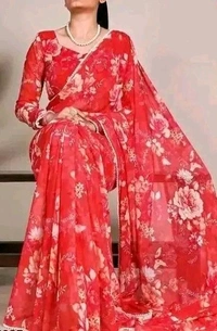 TrendyNew Floral Printed Design Pearl Lace Border Saree /Elegant Look And With Running Blouse - Red, Perl Lace Design, 5.5 Meter