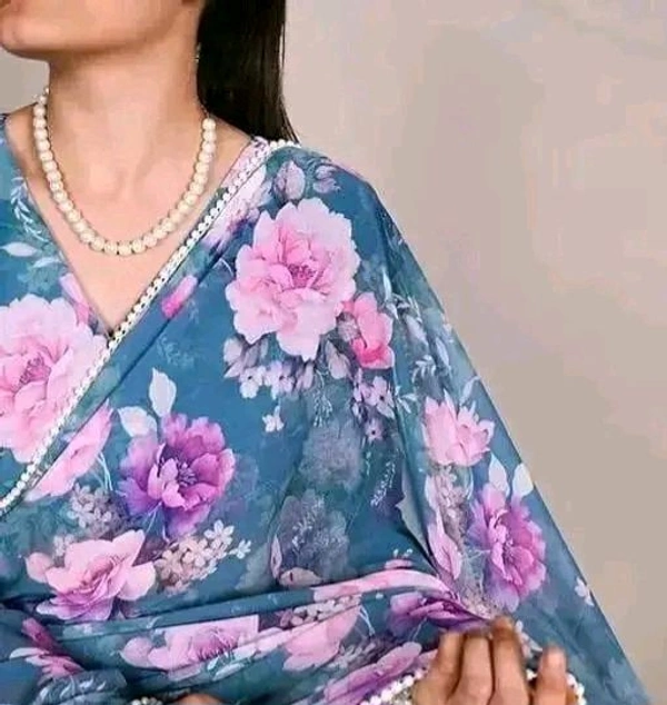 TrendyNew Floral Printed Design Pearl Lace Border Saree /Elegant Look And With Running Blouse - Gray, Floral Print, 5.5 Meter