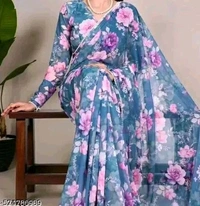 TrendyNew Floral Printed Design Pearl Lace Border Saree /Elegant Look And With Running Blouse - Gray, Floral Print, 5.5 Meter