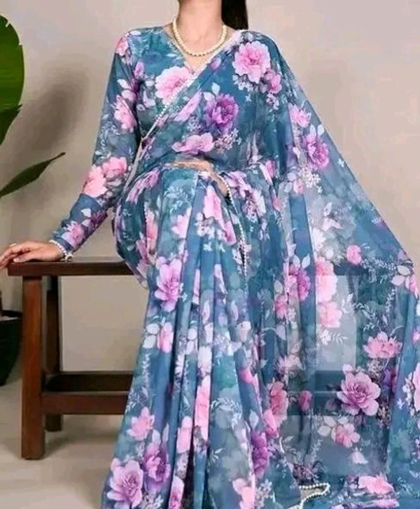 TrendyNew Floral Printed Design Pearl Lace Border Saree /Elegant Look And With Running Blouse - Gray, Floral Print, 5.5 Meter