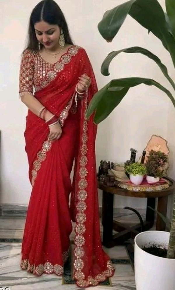 SAJ Trend Red Colour Elegant Jimmi Choo Saree Handh Mirror work Saree Wit Unstitched Blouse