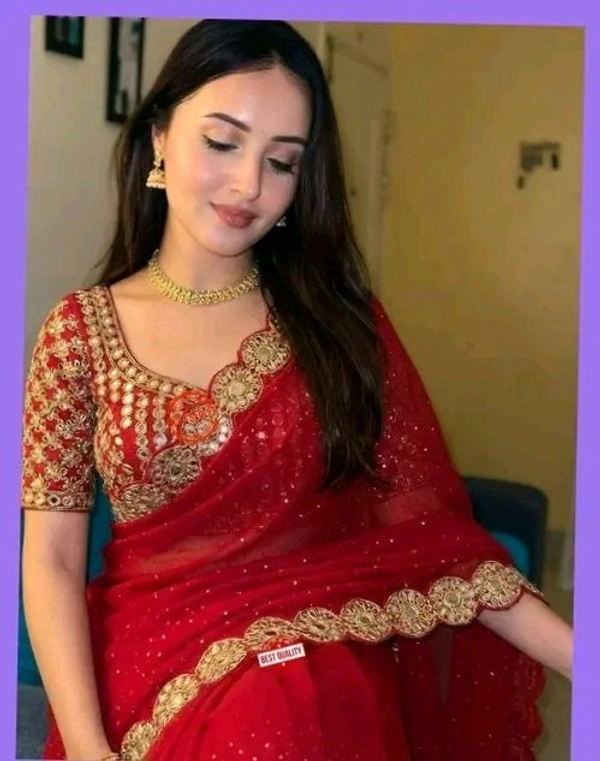 SAJ Trend Red Colour Elegant Jimmi Choo Saree Handh Mirror work Saree Wit Unstitched Blouse