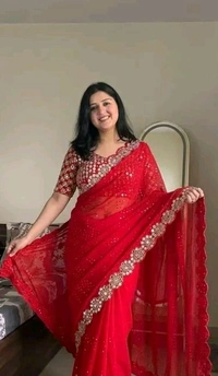 SAJ Trend Red Colour Elegant Jimmi Choo Saree Handh Mirror work Saree Wit Unstitched Blouse