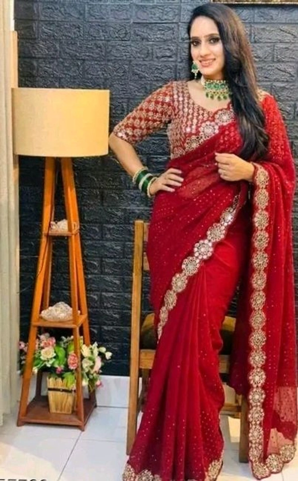 SAJ Trend Red Colour Elegant Jimmi Choo Saree Handh Mirror work Saree Wit Unstitched Blouse