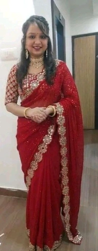 SAJ Trend Red Colour Elegant Jimmi Choo Saree Handh Mirror work Saree Wit Unstitched Blouse