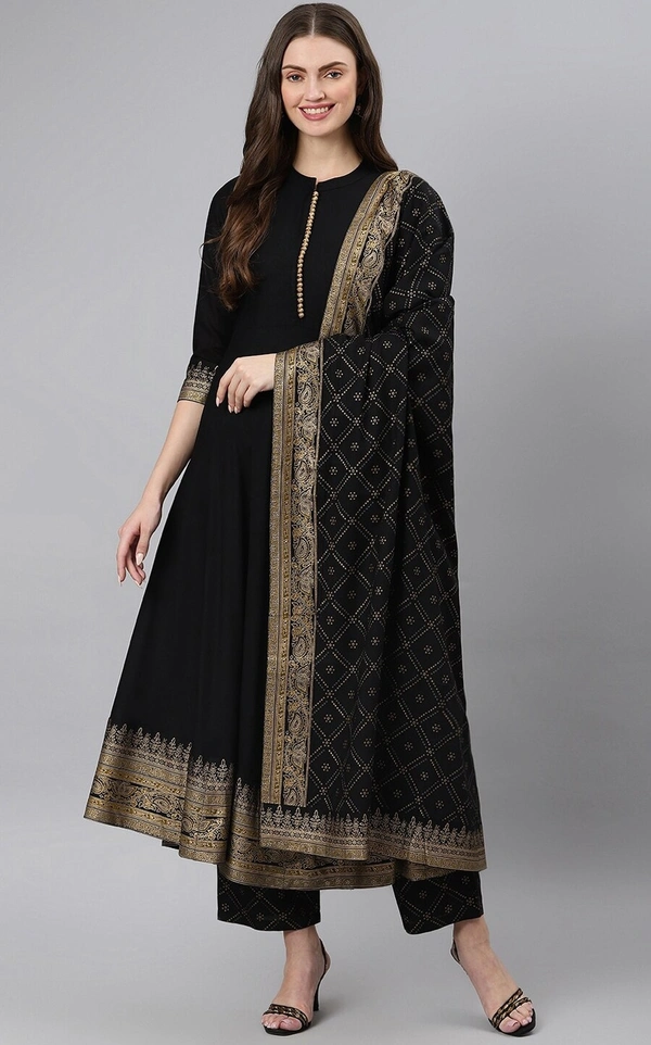 Khushal K Women Black Ethnic Motifs Printed Kurta with Palazzos & With Dupatta - S, Black