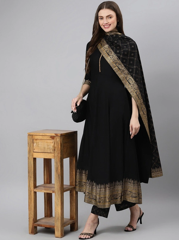 Khushal K Women Black Ethnic Motifs Printed Kurta with Palazzos & With Dupatta - S, Black
