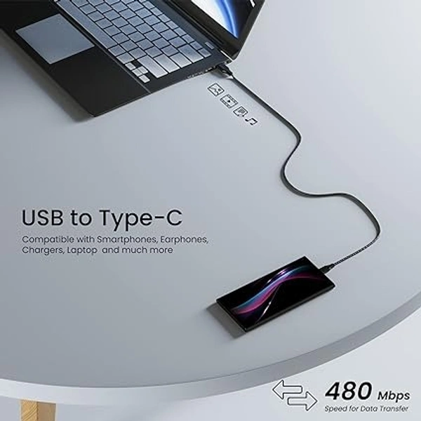Fast Charging 1.5m Braided Type C Cable for Smartphones, Tablets, Laptops & other Type C devices, PD Technology, 480Mbps Data Sync, Quick Charge 3.0 (RCT15A, Black) - Black