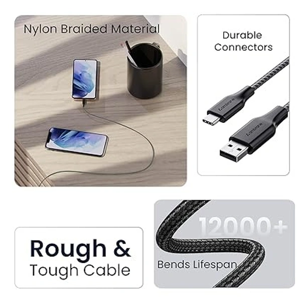 Fast Charging 1.5m Braided Type C Cable for Smartphones, Tablets, Laptops & other Type C devices, PD Technology, 480Mbps Data Sync, Quick Charge 3.0 (RCT15A, Black) - Black