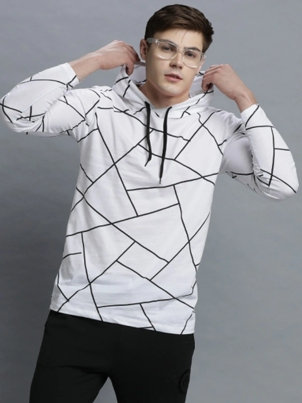 LEWEL Geometric Print Men Hooded Neck White T-Shirt - M