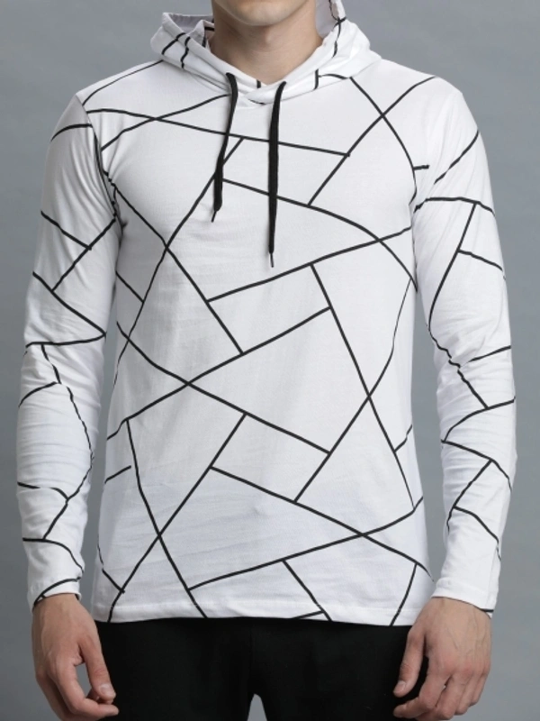 LEWEL Geometric Print Men Hooded Neck White T-Shirt - M
