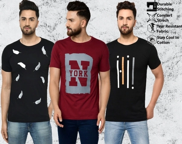 Smartees Printed Men Round Neck Maroon, Black T-Shirt (Pack Of 3) - L