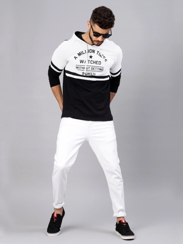 MANIAC Printed Men Hooded Neck White, Black T-Shirt - 4XL